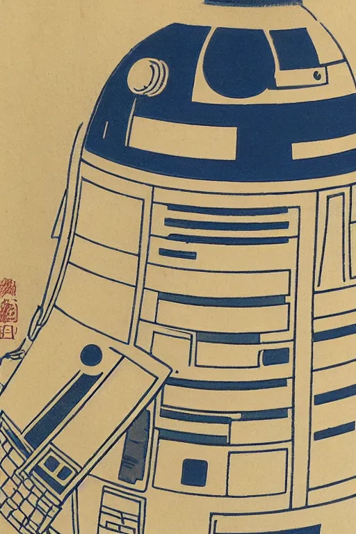 Image similar to Japanese woodblock print of r2d2, hokusai