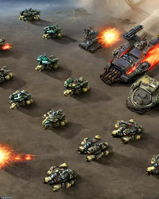 Image similar to starcraft game battle with tanks and marines, photorealism