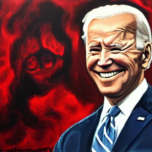 Image similar to Biden smiling with red glowing eyes staring at a crowd of people crying, oil painting