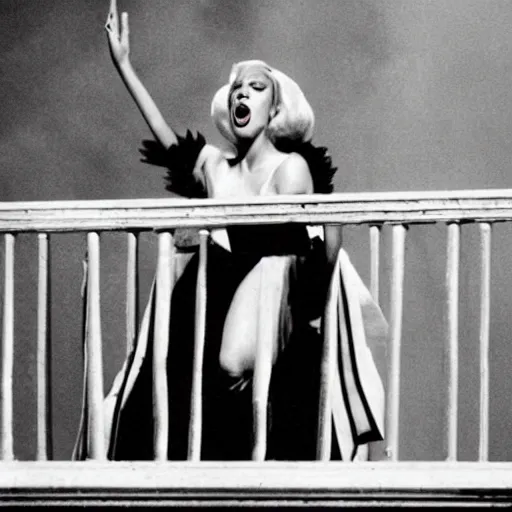 Prompt: lady gaga in Evita 1996, singing on the balcony