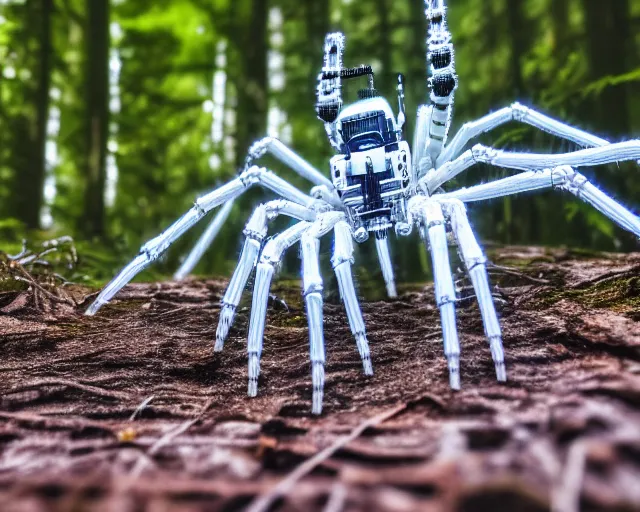 Prompt: photo of a giant huge white crystal terminator spider with heavy duty biomechanical hydraulic cybernetic body with antennas and visor cogs and gears and components in the forest. cyberpunk horror style. highly detailed 8 k. intricate. nikon d 8 5 0 5 5 mm. award winning photography.