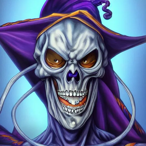 Image similar to ultra realistic portrait painting of skeletor as a jester, art by akira toriyama, 4 k, dragon ball artstyle, cel shaded, highly detailed, epic lighting