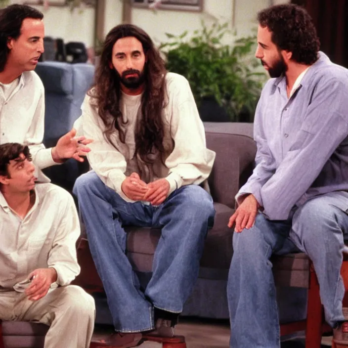 Image similar to Photo still of Jesus Christ in 1990s clothing talking with young Jerry Seinfeld, in the style of the TV show Seinfeld (1994)