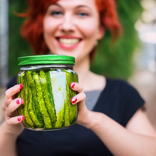 Prompt: high gloss photo of a smiling girl with short grey red hair proudly holding a fido jar into the camera. close up. the fido jar is filled with big green pickles, by laszlo moholy nagy