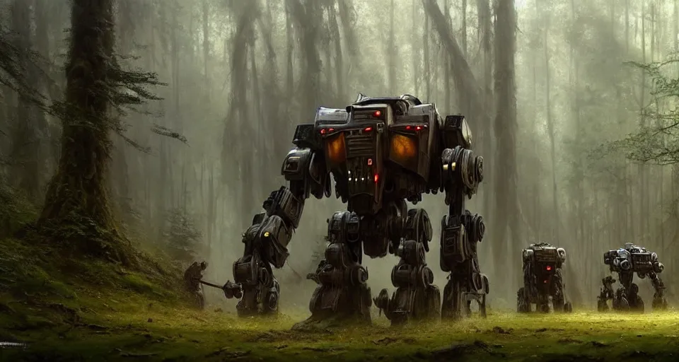 Image similar to giant medieval battlemech walking through a forest, hyper realistic sci - fi matte concept art painting, beautiful details, strong composition painted by kim jung guweta studio rutkowski, james gurney and greg rutkowski, and lucasfilm, smooth, intricate, detailed, sharp focus, cinematic