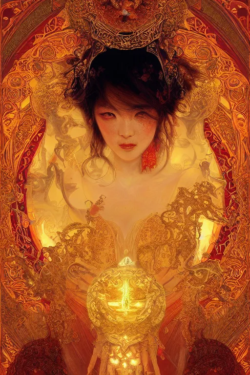 Image similar to tarot card artstation, portrait of an asian love dancer, sunrise, baroque ornamnet and rococo ornament, ancient chinese ornate, hyperdetailed, beautiful lighting, craig mullins, mucha, klimt, yoshitaka amano, red and gold and orange color palatte