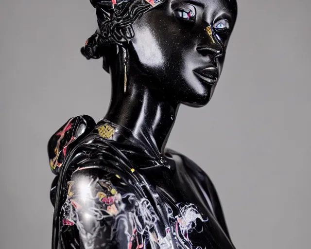 Prompt: extremely beautiful black marble statue with colorful japanese motorcycle logos in the style of fashion designer virgil abloh, sharp focus, clear, detailed,, cinematic, detailed, off white, glamourous, symmetrical, vogue, editorial, fashion, magazine shoot, glossy