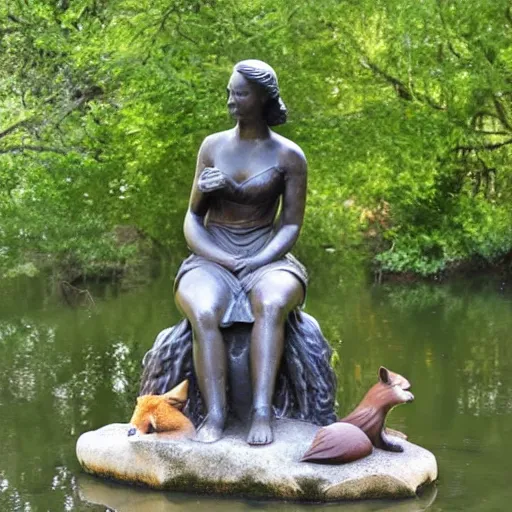 Prompt: a statue of a woman sitting in the middle of a pond with a fox resting in her lap