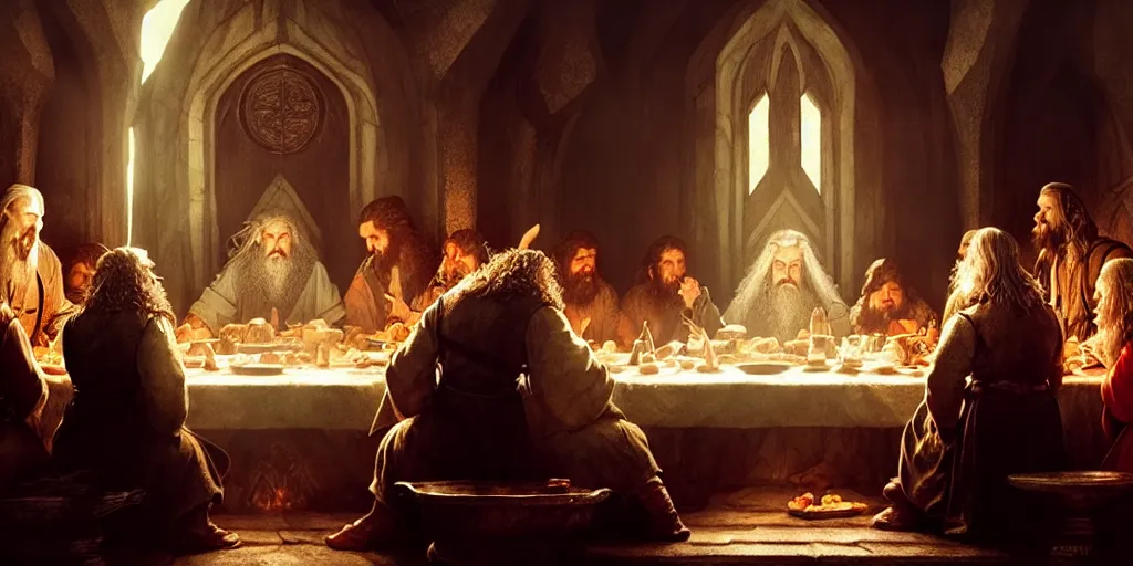 Image similar to the hobbit last supper by greg rutkowski, digital painting, trending on artstation, sharp focus, 4 k