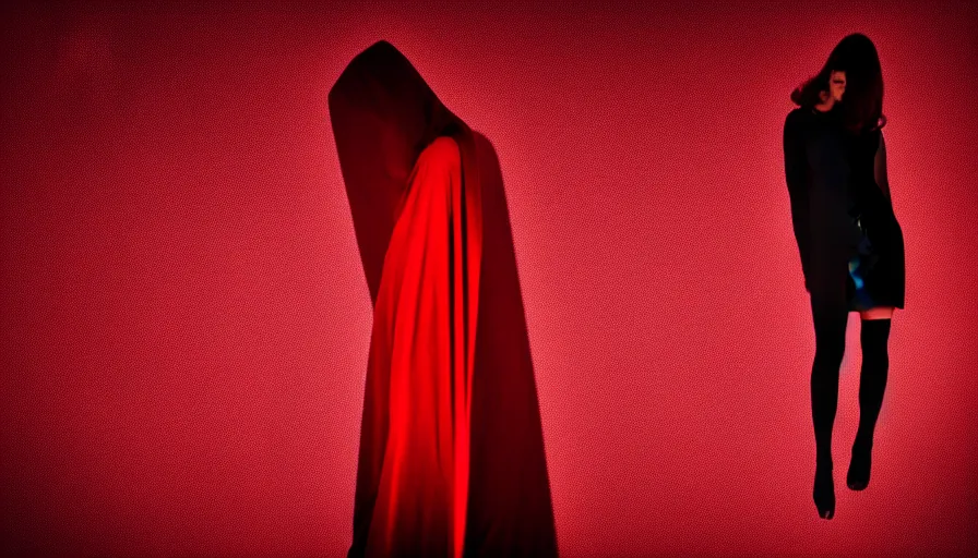 Image similar to fashion photograph of invisible figure wrapped in red sheet in darkness, high contrast, hard light, digital art, rendering, cloth simulation, redshift