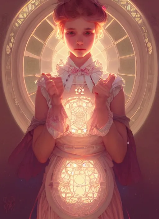 Prompt: symmetry!! cute girl in lolita clothes, intricate, elegant, glowing lights!! highly detailed, digital painting, artstation, concept art, smooth, sharp focus, illustration, art by artgerm and greg rutkowski and alphonse mucha