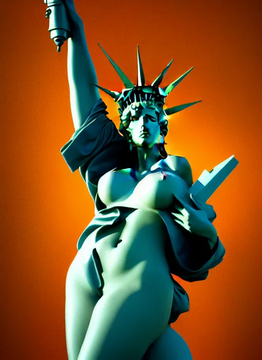 Image similar to julie strain is the statue of liberty, au naturel, hyper detailed, digital art, trending in artstation, cinematic lighting, studio quality, smooth render, unreal engine 5 rendered, octane rendered, art style by klimt and nixeu and ian sprigger and wlop and krenz cushart.