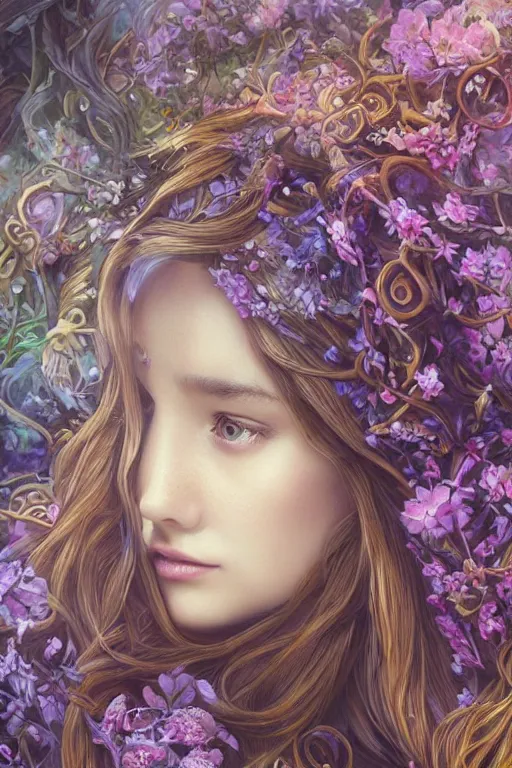 Prompt: elaborately detailed close up portrait of an extremely beautiful girl with long dark hair surrounded by flowers, an eerie mist and ethereal rainbow bubbles, Aetherpunk, high fantasy professionally painted digital art painting, fantasy matte painting movie poster, Art Nouveau, smooth, sharp focus, atmospheric lighting, highly detailed illustration highlights, backlight, golden ratio, 8K detail post-processing, symmetrical facial features, rich deep moody colors, majestic, dark epic fantasy, award winning picture, sense of awe, featured on DeviantArt, trending on cgsociety