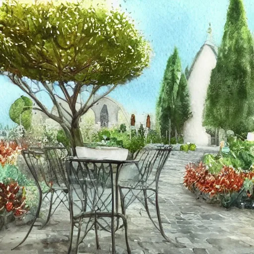 Prompt: delicate, chairs, globes, garden, paved, botanic watercolors, iridescent, 8 k, realistic shaded, fine details, artstation, italian, iron gate, tree, mediterranean