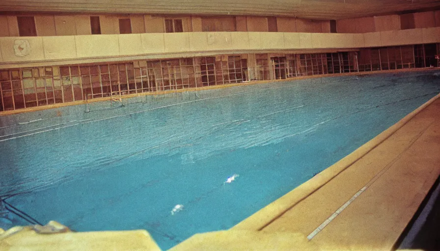 Prompt: 7 0 s movie still of an empty soviet stalinist style swimming pool flooded in water, eastmancolor, heavy grain, high quality, high detail