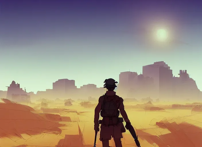 Image similar to cel shading background studio ghibli, soldier roaming through desert with city in the skyline, two suns, purple orange colors, sharp focus, illustration, highly detailed, digital painting, concept art, matte, art by wlop and artgerm and greg rutkowski, masterpiece