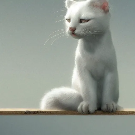 Image similar to A little white kitty sitting on a table, Graceful body structure,cute,Symmetrical face,highly detailed,elegant,Marc Simonetti and Caspar David Friedrich, Trending on artstation