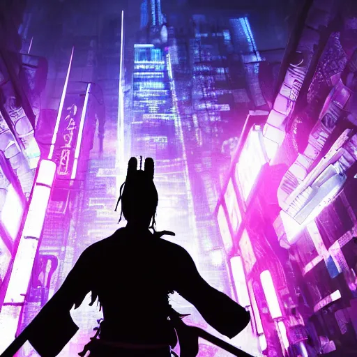 Image similar to silhouette of a samurai on his knees stabbing himself with a katana, blue and purple neon cubes coming out his body, cyberpunk rainy city at night, high quality, high detail, 4K, UHD, torii in the background, trending on ArtStation, blade runner vibes