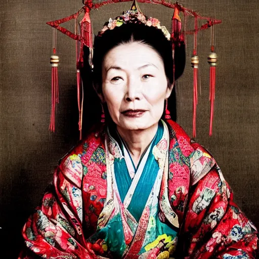 Prompt: An ancient amazingly beautiful Chinese woman dying from overjoy. A photo by David Bailey