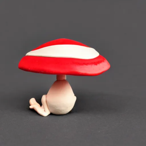 Prompt: clay model of a frog holding a red and white toadstool as a parasol