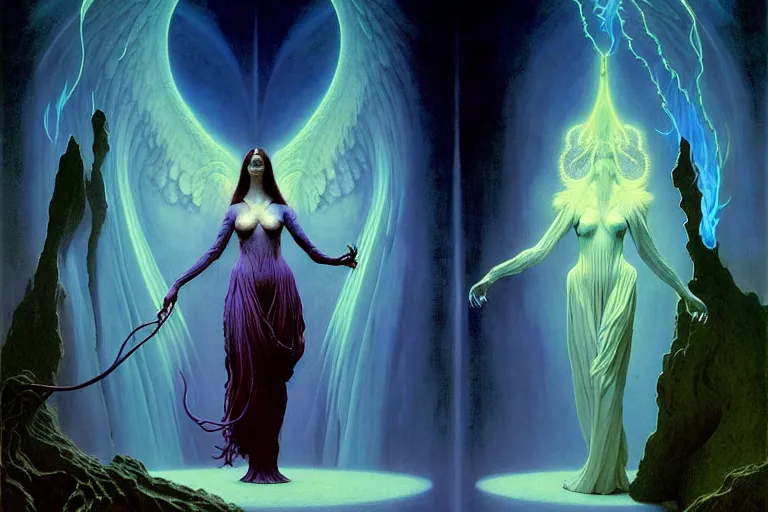Image similar to the female arcanist and the male artificer by zacharias aagaard and albert bierstadt and gerald brom and zdzisław beksinski and james gilleard and wayne barlowe and jean delville, beautiful, flowing magical robe, highly detailed, hyperrealistic, intricate, energy, electricity, blue flame, low light, green crystal, high contrast, submission