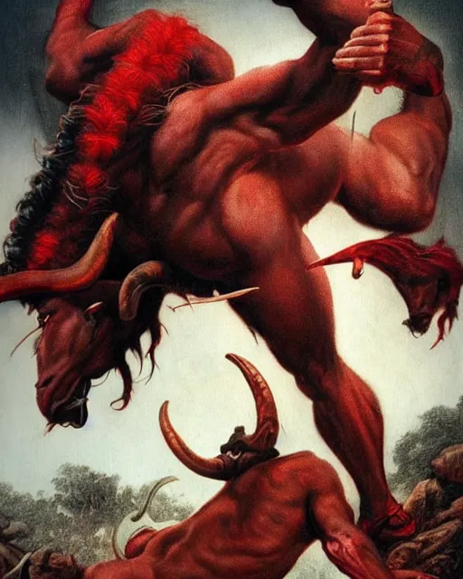 Prompt: a red skinned highly muscular devil satyr with goat legs, yellow goat eyes, long pointy chin, red face, and two huge water buffalo like black horns jutting out from the top of his large red head, in the style of darkness from the movie legend