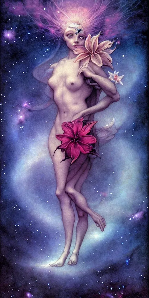 Image similar to tropical flowers, night sky background, nebula, beautiful! coherent! by brom, by brian froud, deep color, strong line, high contrast