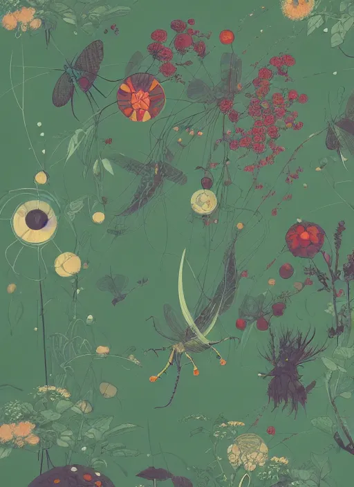 Image similar to garden flowers pattern, berries, dragonflies | illustrated by satoshi kon and greg rutkowski, 7 0's vintage sci - fi flat surreal design