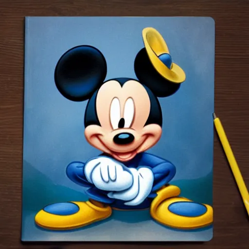 Prompt: mickey mouse with a blue hat on top of a table, a storybook illustration by walt disney, behance, magic realism, fantasy, mystical, reimagined by industrial light and magic