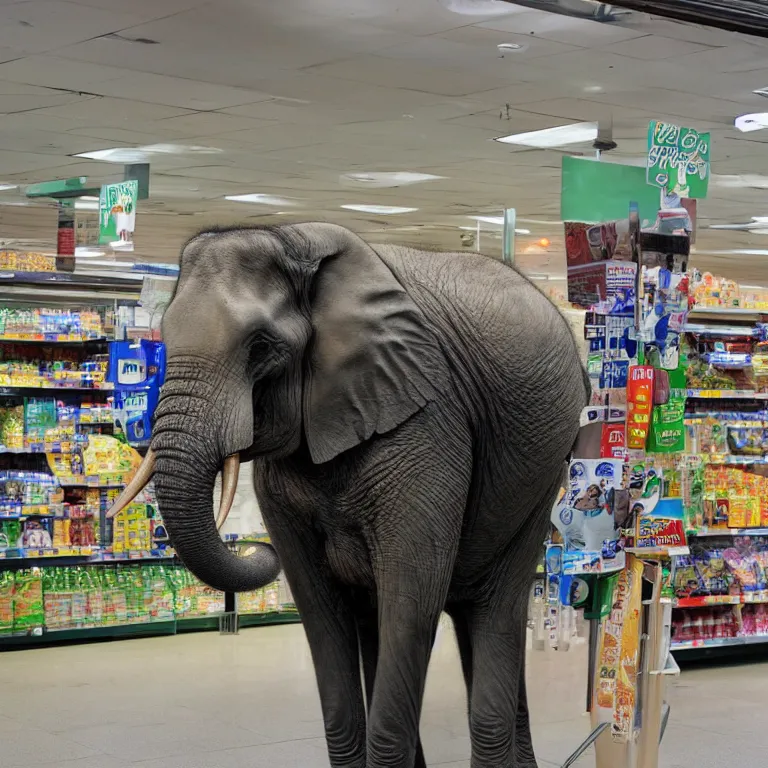 Image similar to An elephant patiently waiting in line at the supermarket