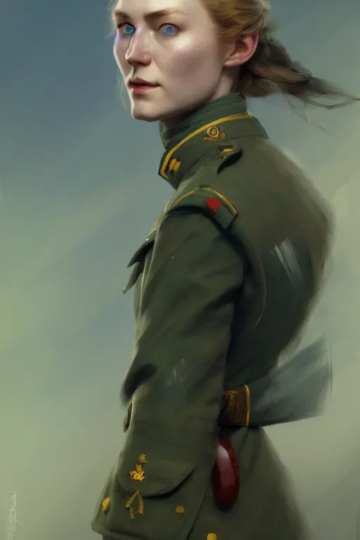 Image similar to a beautiful nordic woman, blue eyes, wearing a world war 1 uniform, extremely detailed digital painting, in the style of fenghua zhong and ruan jia and jeremy lipking and peter mohrbacher, mystical colors, rim light, beautiful lighting, 8 k, stunning scene, raytracing, octane, trending on artstation