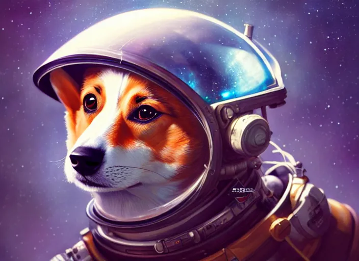 Image similar to highly detailed illustration of a corgi wearing a space helmet on an alien planet, artstation, cinematic lighting, hyperdetailed, cgsociety, 8k, high resolution, Charlie Bowater, Tom Bagshaw, Norman Rockwell, insanely detailed and intricate