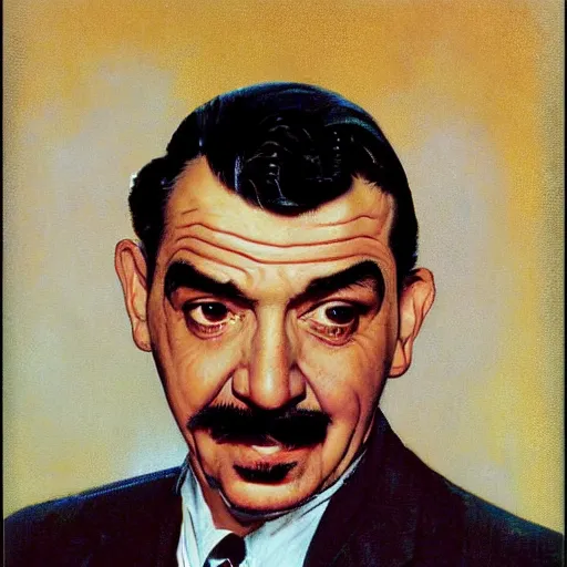 Prompt: norman rockwell painting of ernie kovacs, closeup face.