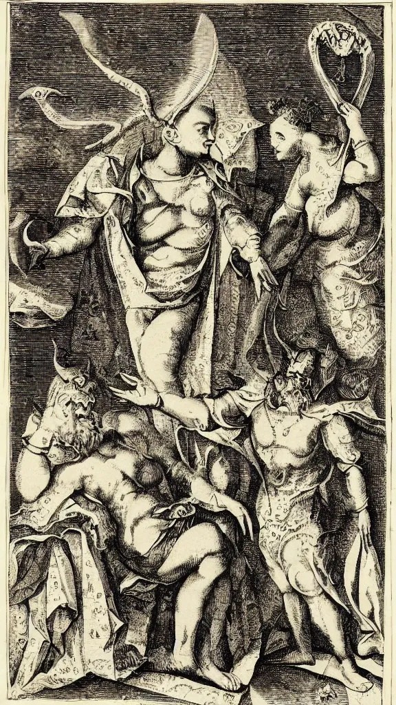 Prompt: esoteric etching print of the devil and his wife, amphitheatrum sapientiae aeternae, 1 5 9 5