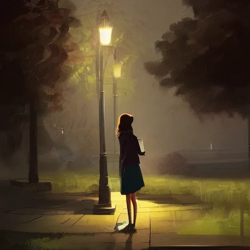 Image similar to a girl reading a book, city park, street lighting, greg rutkowski, digital painting