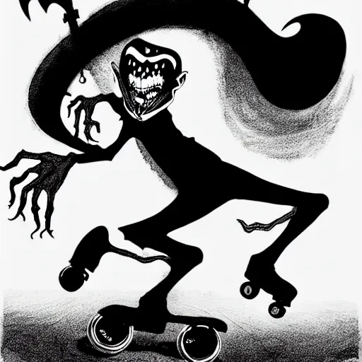 Image similar to black and white trippy comic art of dracula the vampire roller skating on roller skates, drawn by martin rowson, tim burton, alex pardee, nekro petros afshar, james mcdermott, cgsociety, award - winning, awesome, stunning, beautiful, stark, 4 k