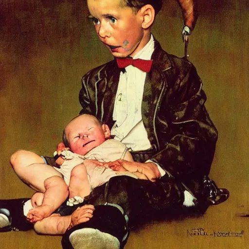 Image similar to a Norman Rockwell painting of a boy and his pet baby walrus