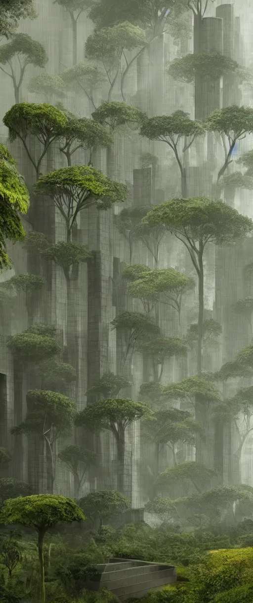 Image similar to brutalist architecture inspired by louis kahn deep in the rainforest. nature is taking over. matte painting by thu berchs. concept art. color scheme dark green and dark yellow. mist. cinematic.