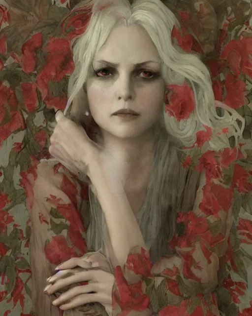 Image similar to a beautiful but sinister woman in layers of fear, wearing a linen shirt, with haunted eyes and big platinum hair, 1 9 7 0 s, seventies, floral wallpaper, delicate embellishments, a little blood, painterly, offset printing technique, by william russell flint