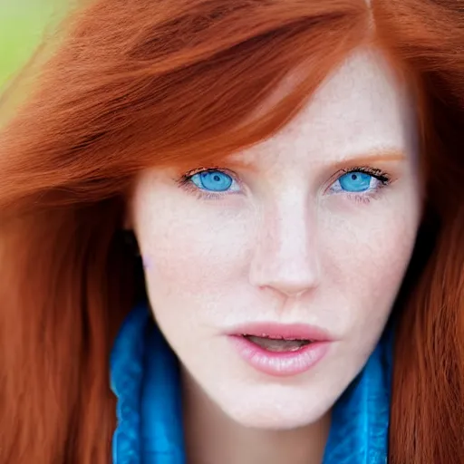 Image similar to close up portrait photo of the left side of the face of a redhead woman with blue eyes who looks directly at the camera. Slightly open mouth, face covers half of the frame, with a park visible in the background. 135mm nikon. Intricate. Very detailed 8k. Sharp. Cinematic post-processing. Award winning photography