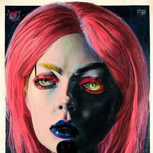 Image similar to a detailed and complex, highly detailed, concept art, soviet propaganda poster depicting a portrait of a gothic e - girl with neon hair. painting by irakli toidze