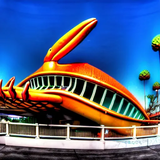 Image similar to 1 9 8 5 crab themed giant aquarium, googie architecture, one point perspective, americana, fishcore, exterior photography, hd 8 k, photography by ansel adams