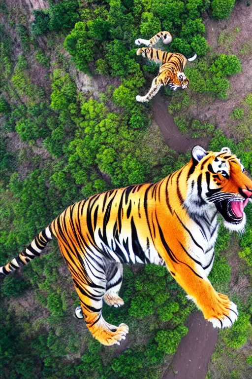 Image similar to realistic hairy tiger. the tiger is suspended by a large balloon parachute. the parachute is open. the tiger is is the middle of the air. the tiger is jumping from a mountain cliff. photo captured by a drone. wide angles lens. epic