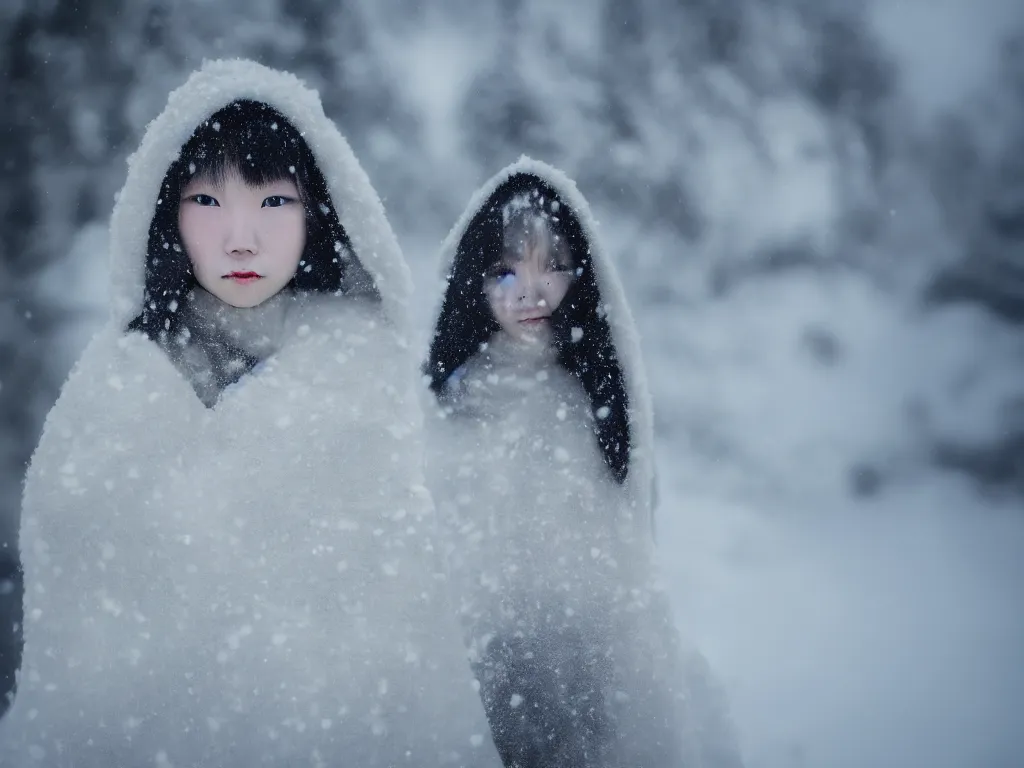 Image similar to the piercing stare of yuki onna, snowstorm, blizzard, mountain snow, canon eos r 6, bokeh, outline glow, asymmetric unnatural beauty, little smile, billowing cape, blue skin, centered, rule of thirds