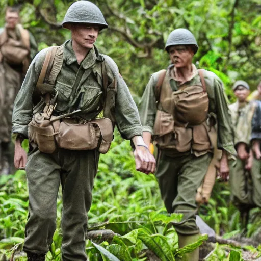 Image similar to world war 2 soldiers walking in the jungle, detailed, clean, realistic