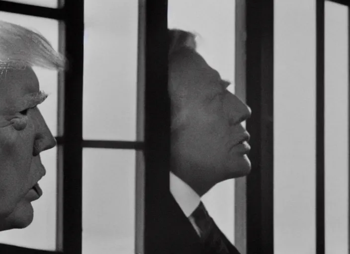 Image similar to screenshot from moody scene of Donald Trump looking out window, in High and Low, 1963 film directed by Akira Kurosawa, kodak film stock, black and white, anamorphic lens, 4K, detailed, stunning cinematography and composition shot by Takao Saito, 70mm