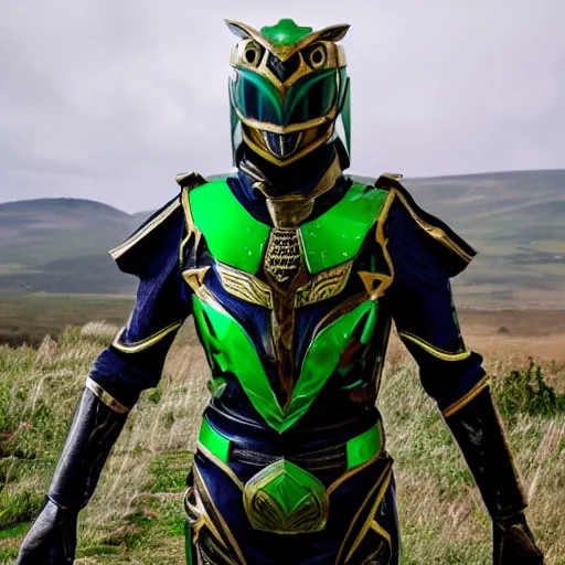 Image similar to High Fantasy Kamen Rider, glowing eyes, 4k, forest plains of north yorkshire, daytime, chainmail rubber undersuit, segmented armor, dark blue armor with green secondary color, tokusatsu