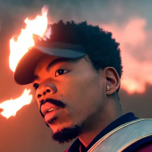 Image similar to cinematic film still of Chance The Rapper starring as a Samurai holding fire, Japanese CGI, VFX, 2022, 40mm lens, shallow depth of field, film photography