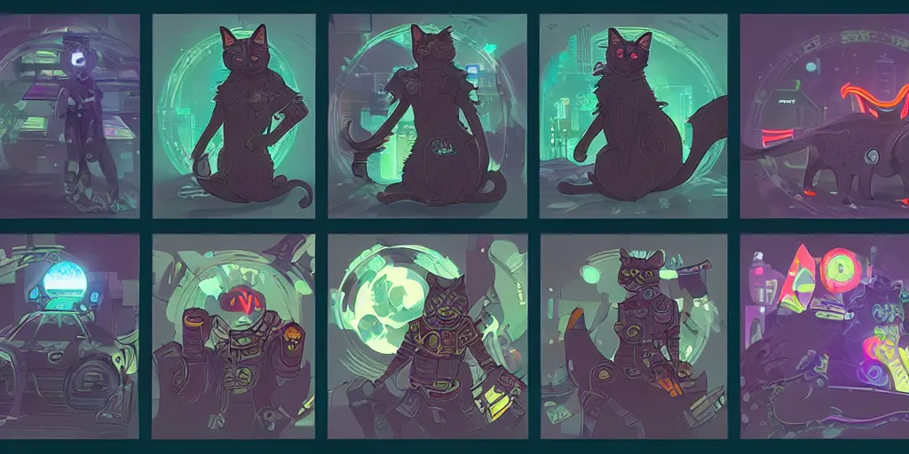 Prompt: card design concept art for a cyberpunk game about cats and cars and monsters, symmetrical, magic, by settlers of catan and cosmic encounters and fantasy fights