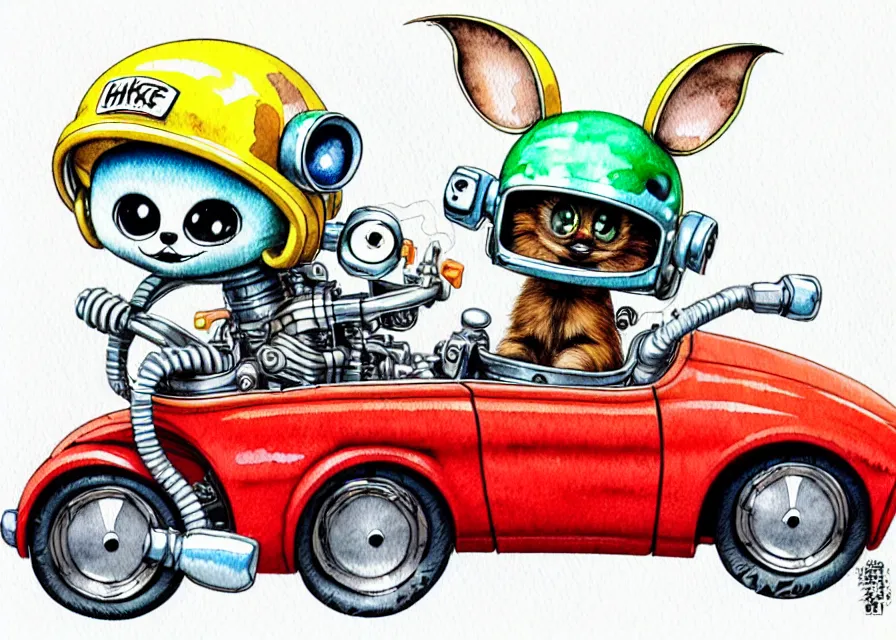 Image similar to cute and funny, gizmo wearing a helmet riding in a hot rod with oversized engine, ratfink style by ed roth, centered award winning watercolor pen illustration, isometric illustration by chihiro iwasaki, edited by range murata, tiny details by artgerm and watercolor girl, symmetrically isometrically centered